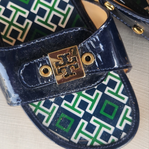 TORY BURCH navy blue DIXON WOODEN SLIDES CLOGS SANDALS size 10 - Picture 2 of 6